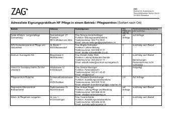 Adressliste Eignungspraktikum HF Pflege in einem Betrieb ...