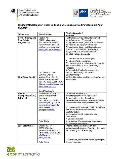 Wirtschaftsdelegation unter Leitung des ... - AHK Rumänien