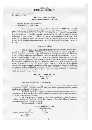 ROMANIA TRIBUNALUL BUCUREŞTI Cerere de ... - ONRC