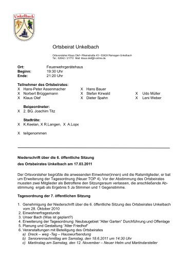 07. Sitzung - März 2011 - Der Ort Unkelbach
