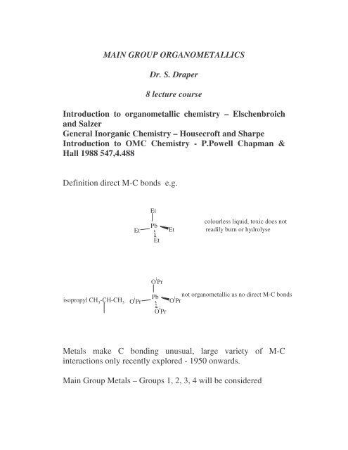 Main Group Organometallics Dr S Draper 8 Lecture Course
