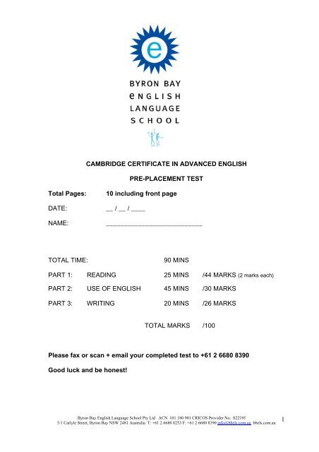 CAE Pre-test - Byron Bay English Language School