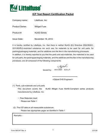 Certificate of non-use for examining part - Littelfuse