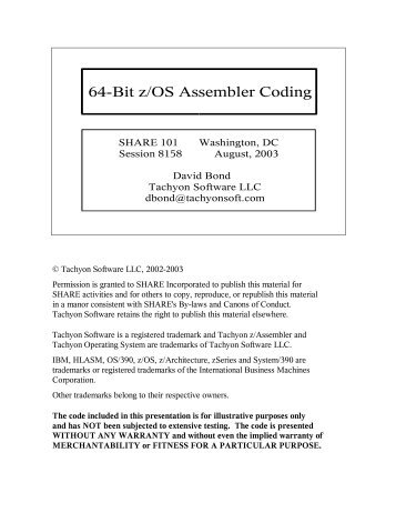 64-Bit z/OS Assembler Coding - Tachyon Software