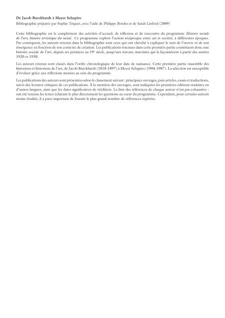 De Jacob Burckhardt à Meyer Schapiro Bibliographie préparée par ...