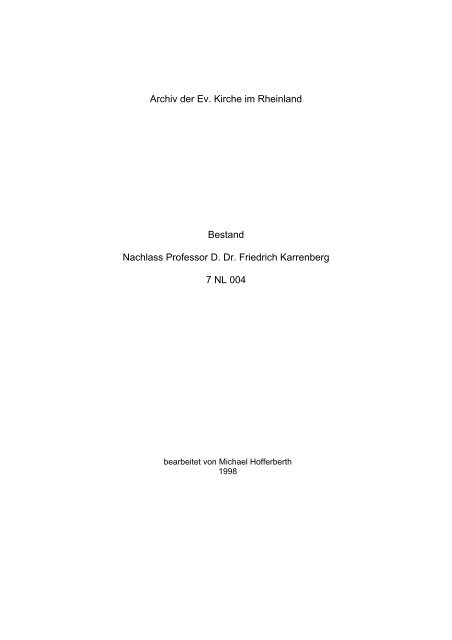Professor D. Dr. Friedrich Karrenberg - Archiv der Evangelischen ...