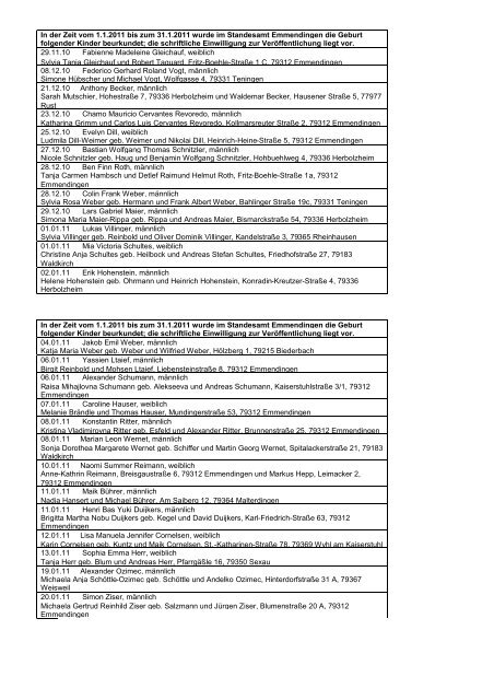 In der Zeit vom 1.1.2011 bis zum 31.1.2011 wurde im Standesamt ...