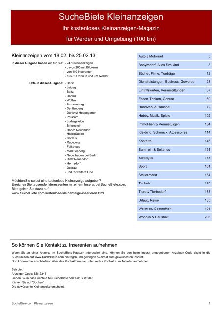 SucheBiete Kleinanzeigenzeitung Werder - Kostenlose Kleinanzeigen