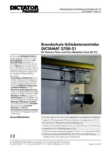 Brandschutz-Schiebetorantriebe DICTAMAT 3700-21 - Dictator