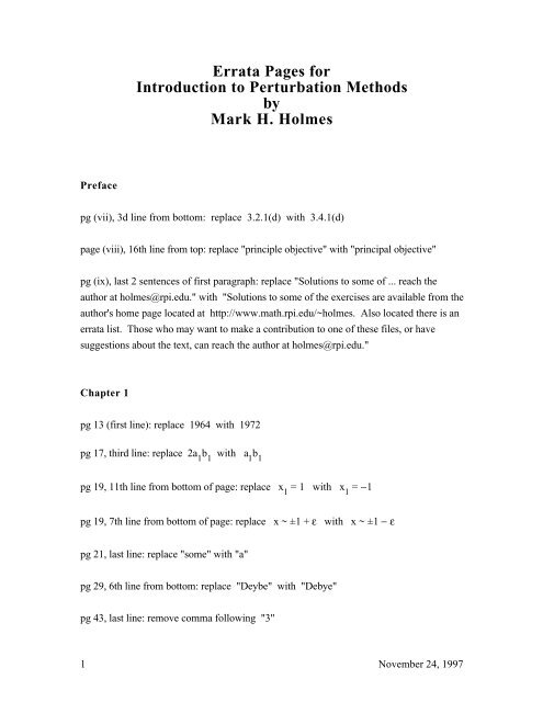 Errata Pages for Introduction to Perturbation Methods by Mark H ...