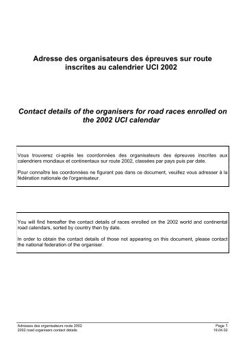Adresse des organisateurs des épreuves sur route inscrites au ... - UCI