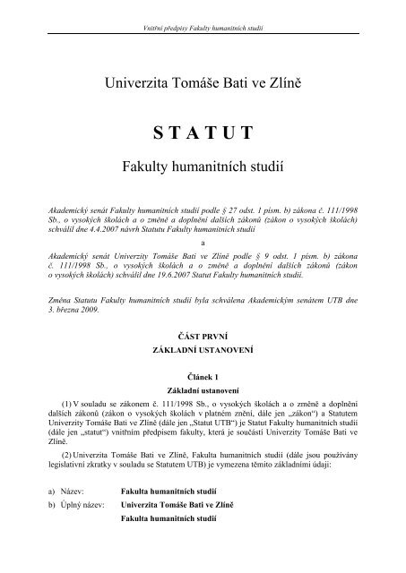 Statut FHS UTB ve Zlíně - Univerzita Tomáše Bati ve Zlíně