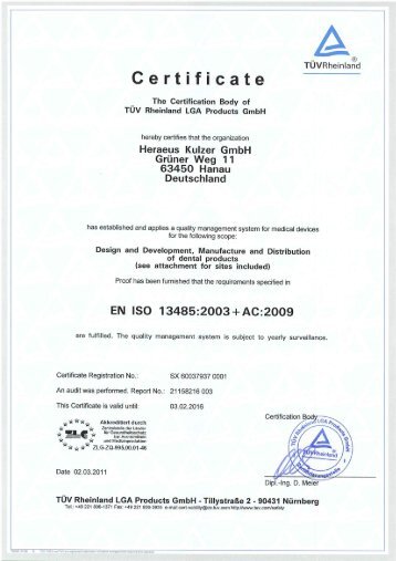 Zertifikat ISO 13485 2003 + AC 2009 - Heraeus Dental