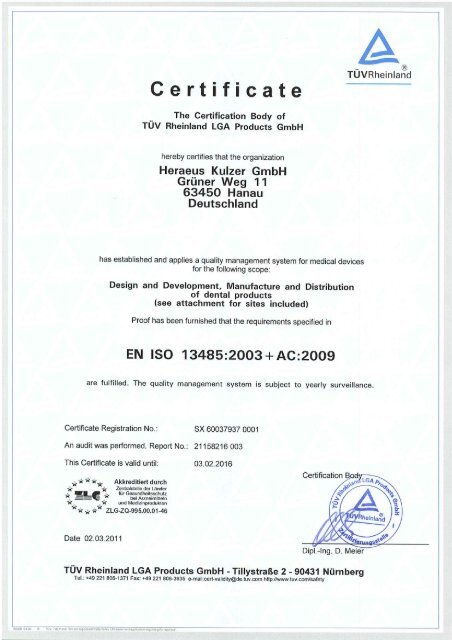 Zertifikat ISO 13485 2003 + AC 2009 - Heraeus Dental