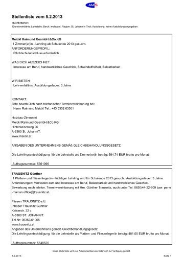 Stellenliste vom 5.2.2013 - Treffpunkt St. Johann