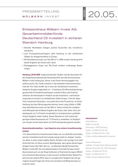 PRESSEMITTEILUNG Emissionshaus Wölbern Invest AG ...