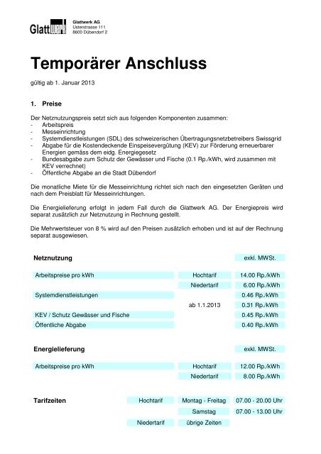 Temporärer Anschluss - Glattwerk AG
