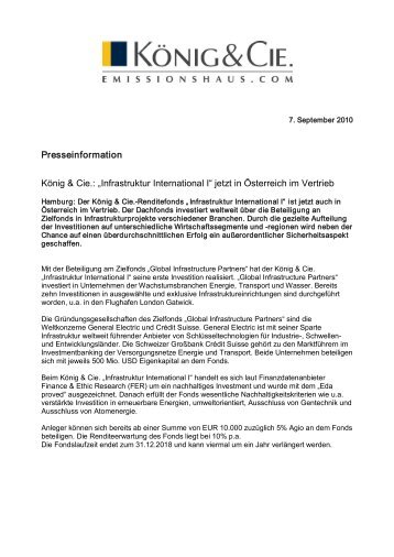 Presseinformation König & Cie.: „Infrastruktur International I“ jetzt in ...