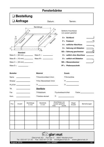 Bestell-Offertformular Fensterbank - Glaromat AG