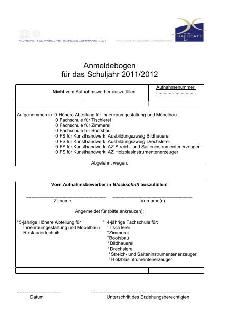 Anmeldebogen für das Schuljahr 2011/2012 - HTL & HTBLA Hallstatt