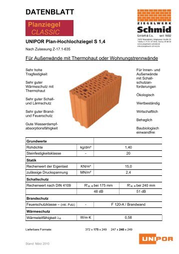 UNIPOR Plan-Hochlochziegel S 1,4 - Ziegelwerk Schmid