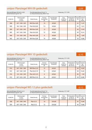 unipor Planziegel WH 09 gedeckelt unipor Planziegel WH 10 ...