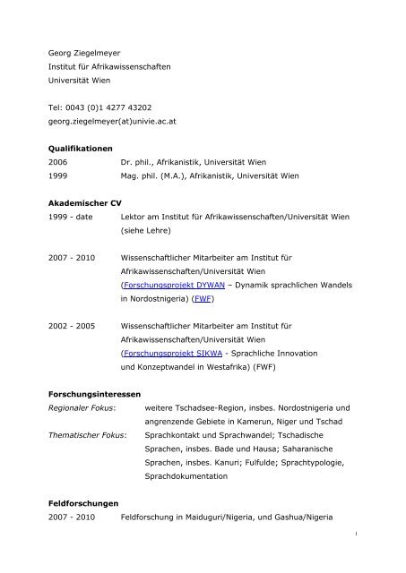 Georg Ziegelmeyer Institut für Afrikawissenschaften Universität Wien ...