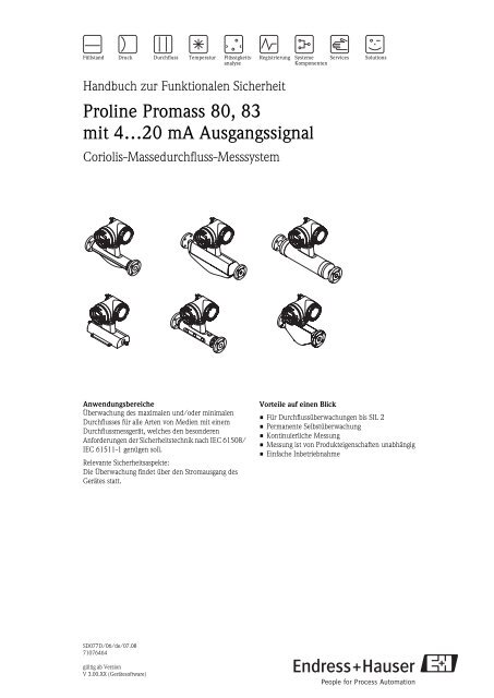 Proline Promass 80, 83 mit 4…20 mA ... - Endress+Hauser
