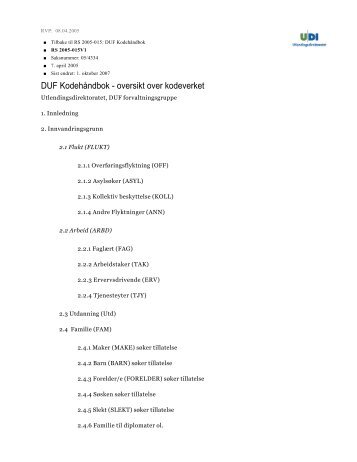 DUF Kodehåndbok - oversikt over kodeverket - UDI
