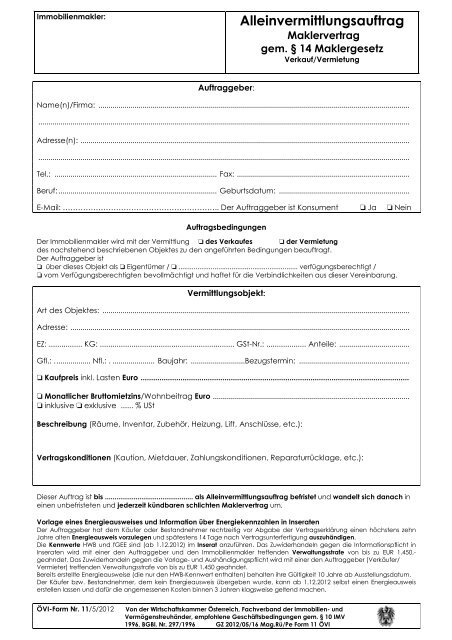 Alleinvermittlungsauftrag Formular
