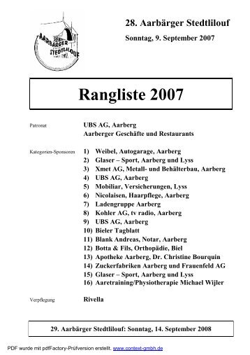 Deckblatt Rangliste 2007 - Aarberger Stedtlilouf