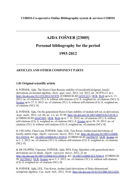 Personal bibliography for the period 1993 2012 dr. Ajda Fo ner