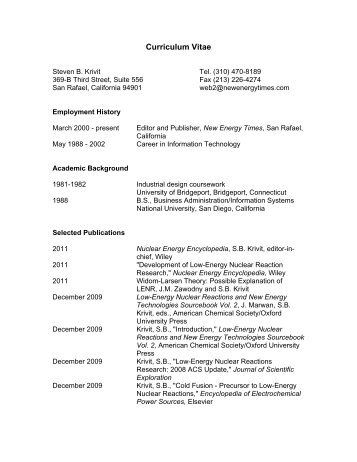 Bio - Steven B. Krivit (pdf) - New Energy Times