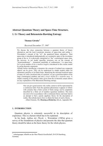 Abstract Quantum Theory and Space-Time Structure. 1. Ur Theory ...