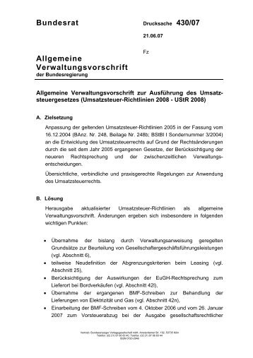 Bundesrat Allgemeine Verwaltungsvorschrift - Umwelt-online