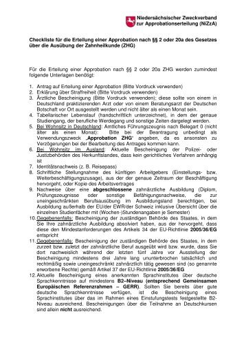 Checkliste für die Erteilung einer Approbation nach §§ 2