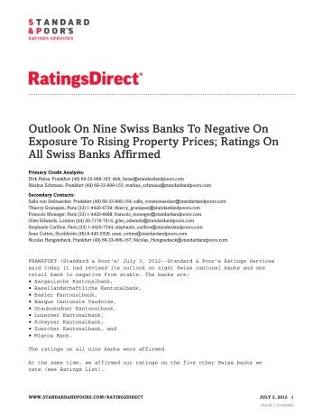 Ratings On All Swiss Banks Affirmed