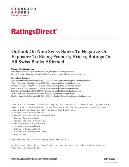 Ratings On All Swiss Banks Affirmed