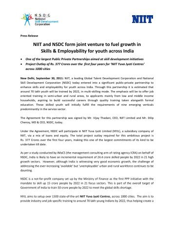 NIIT and NSDC form joint venture to fuel - National Skill ...
