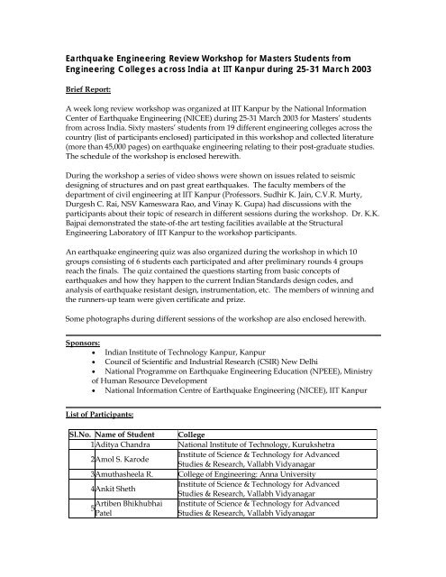 Earthquake Engineering Review Workshop for Masters Students from