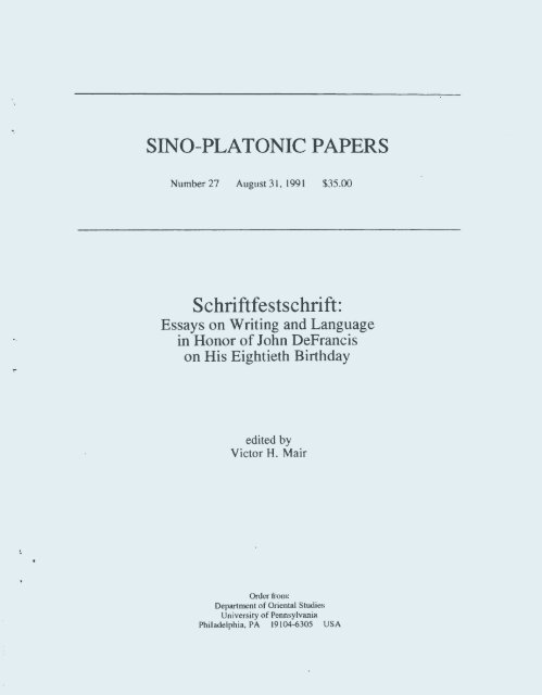 Essays on Writing and Language in Honor - Sino-Platonic Papers