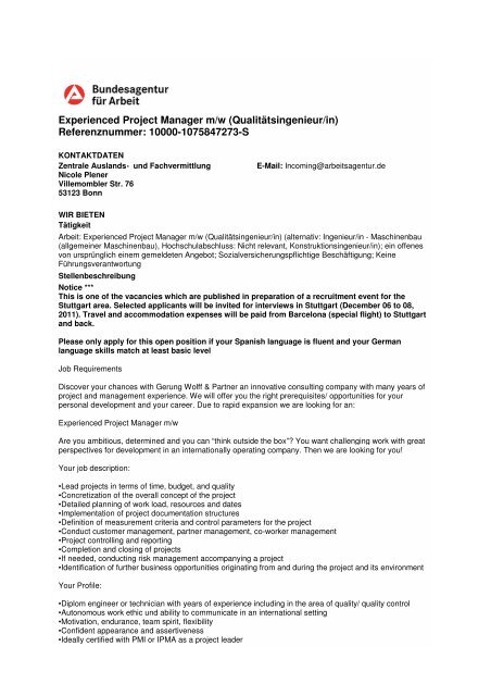 Experienced Project Manager m/w (Qualitätsingenieur/in ...