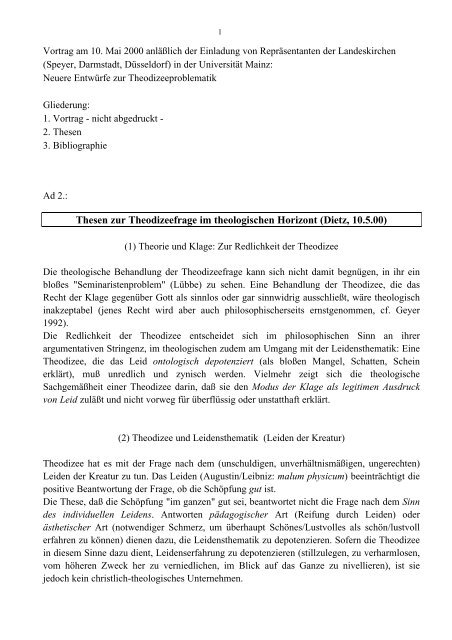 Thesen zur Theodizeefrage im theologischen Horizont (Dietz, 10.5.00)