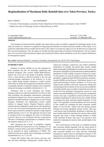 Regionalization of Maximum Daily Rainfall data over Tokat Province ...