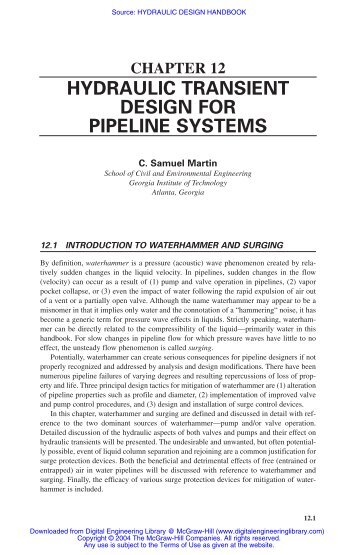 chapter 12 hydraulic transient design for pipeline systems