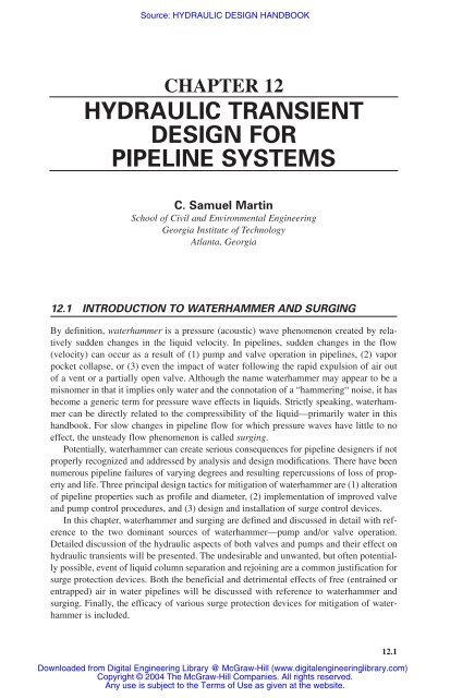 chapter 12 hydraulic transient design for pipeline systems