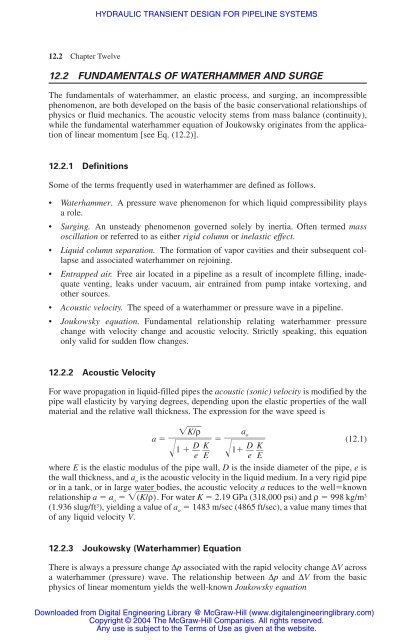 chapter 12 hydraulic transient design for pipeline systems