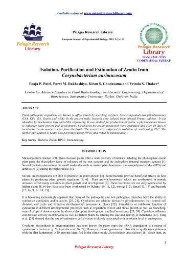 Isolation, Purification and Estimation of Zeatin from Corynebacterium ...