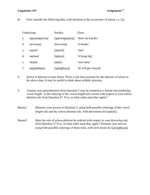 Linguistics 107 Assignment 7 Yupik A. Consider ... - UCSB Linguistics