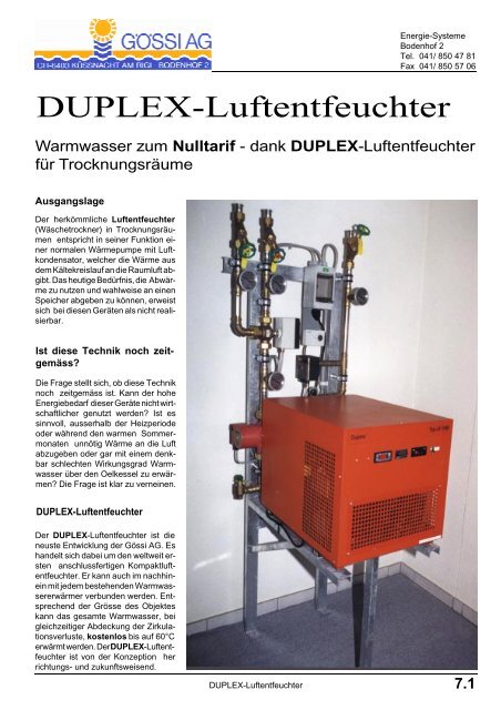 DUPLEX-Luftentfeuchter - Gössi AG, Küssnacht